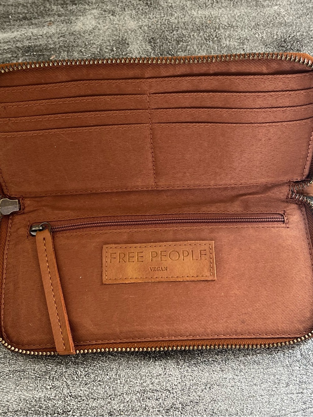 Free People Vegan Leather Wristlet Wallet | Tan Zip-Around Distressed Clutch - Picture 4 of 9